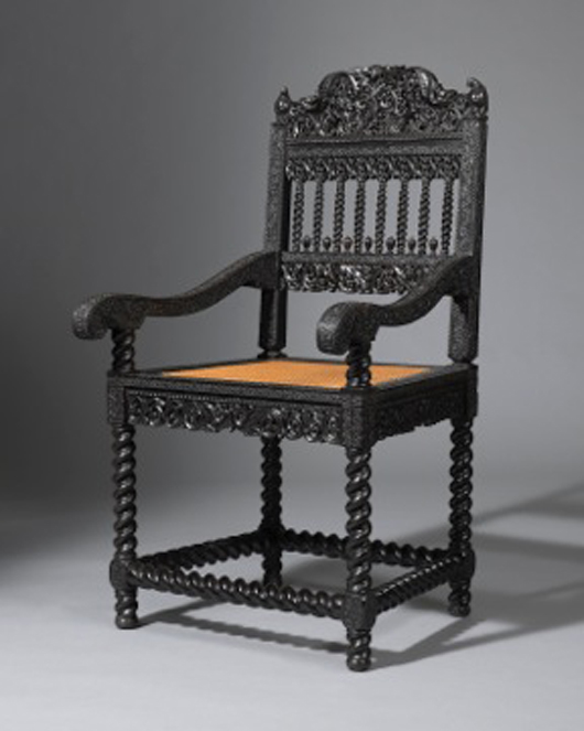 This late-17th century South Indian or Ceylonese ebony armchair will be on the stand of Jermyn Street fine furniture dealers Harris Lyndsay at the BADA Fair in Chelsea from March 19-25. Image courtesy Harris Lyndsay.